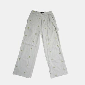 Forever 21 Floral Smiley Face Embroidered Corduroy Carpenter Pants S Raw Hem Y2K